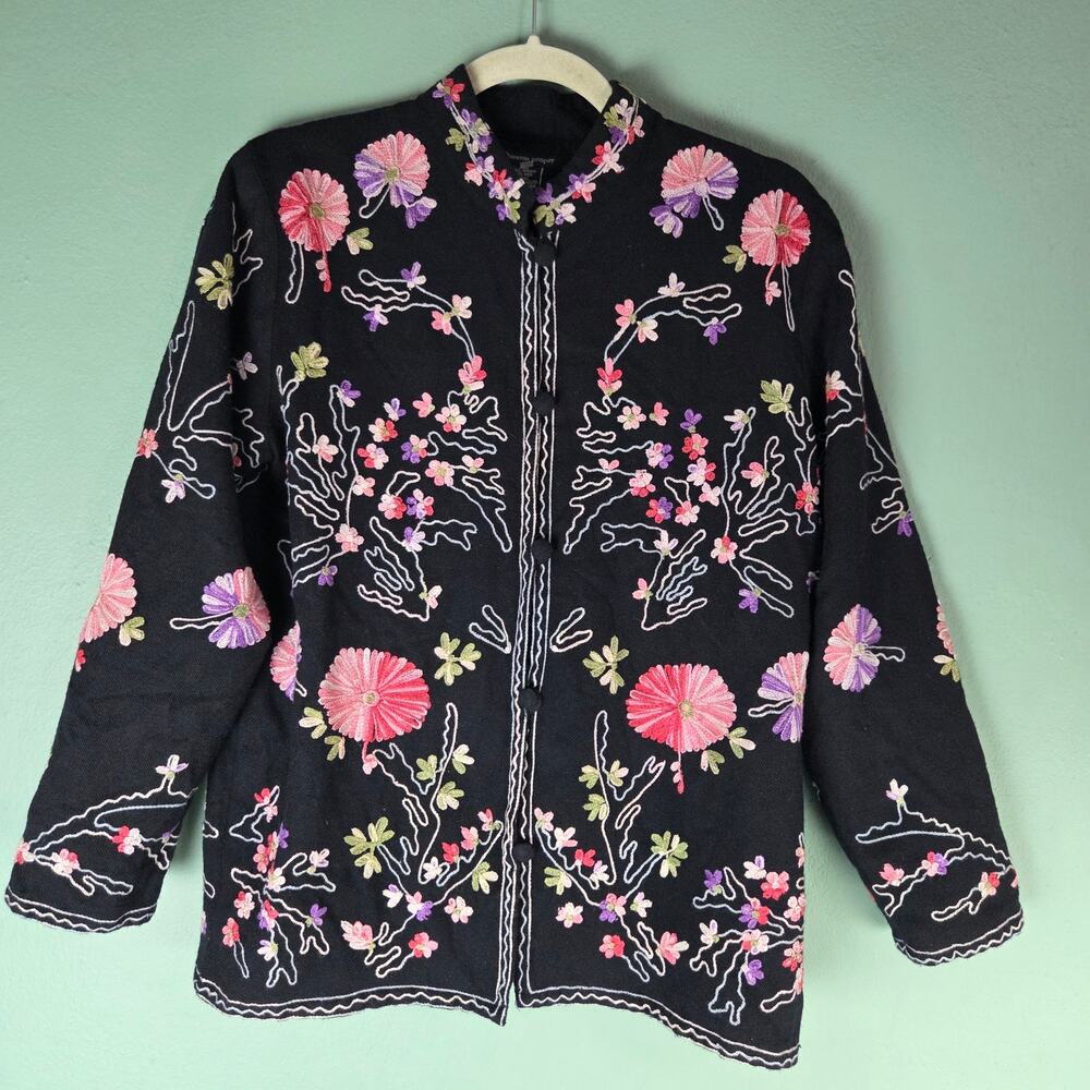 Boston Proper Womens XS Black Wool Blend Embroidered Jacket Festival Maximalist